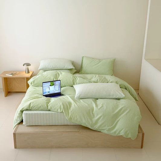 Pistachio Green Striped Duvet Cover Set