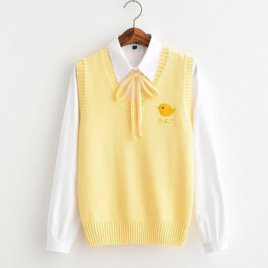 Gilet pull jaune avec broderie poussin