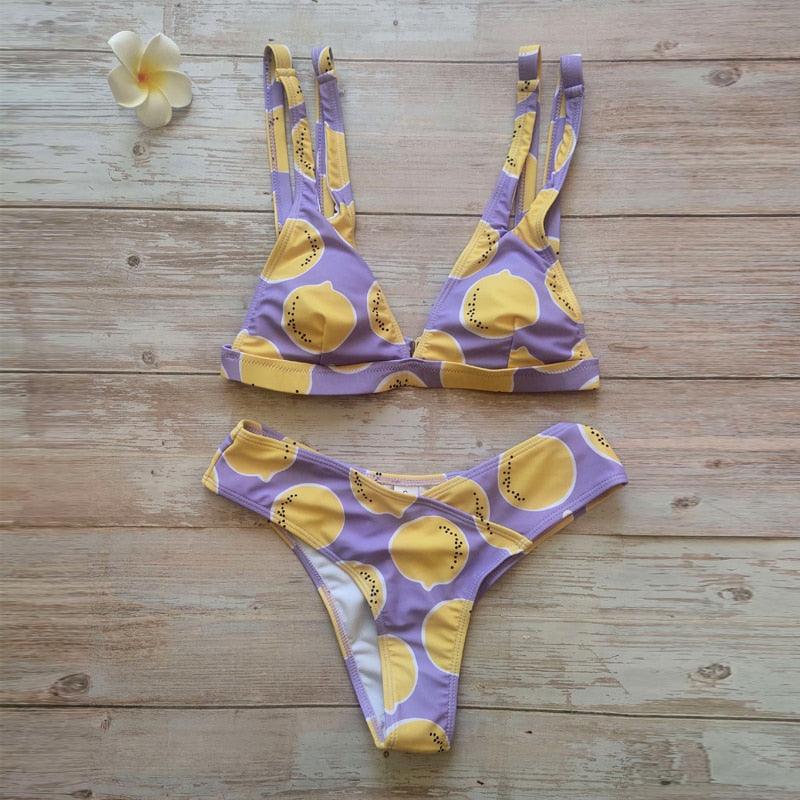 Lemon Print Triangle Bikini Set