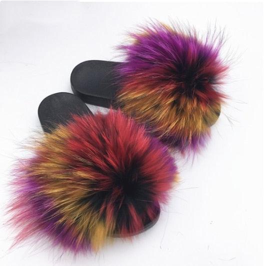 Rainbow Faux Fur Fluffy Slides