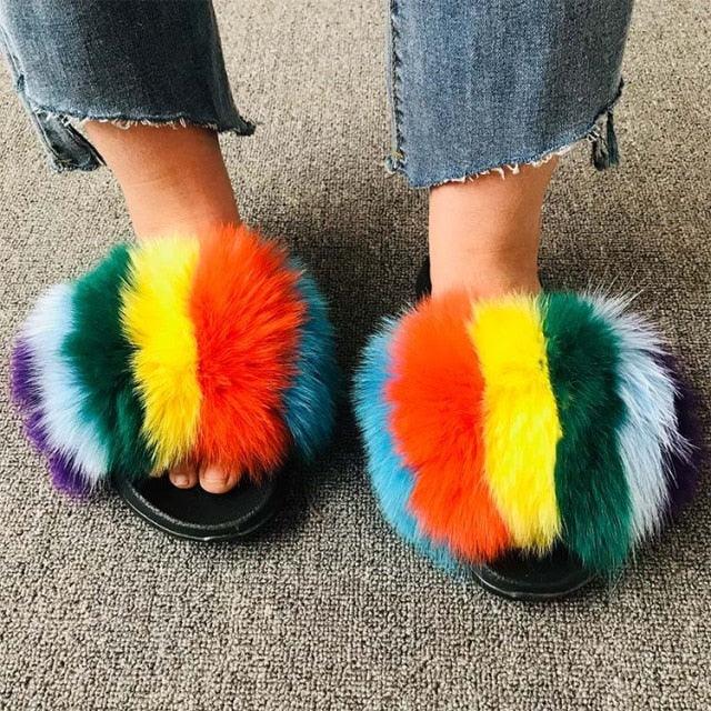 Rainbow Faux Fur Fluffy Slides