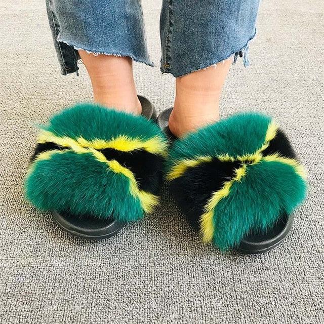 Rainbow Faux Fur Fluffy Slides