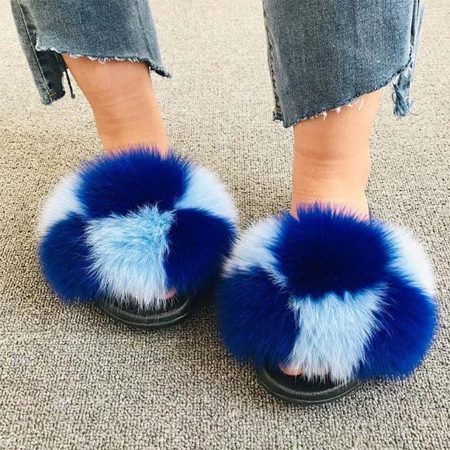 Rainbow Faux Fur Fluffy Slides
