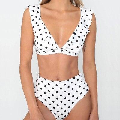Polka Dot Ruffle Shoulder High Waist Bikini