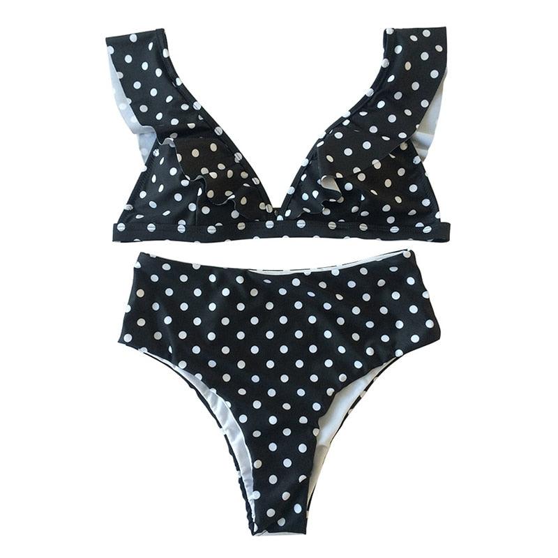 Polka Dot Ruffle Shoulder High Waist Bikini