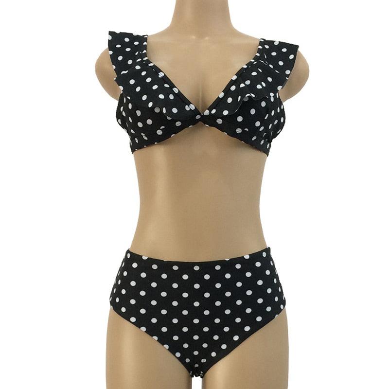 Polka Dot Ruffle Shoulder High Waist Bikini