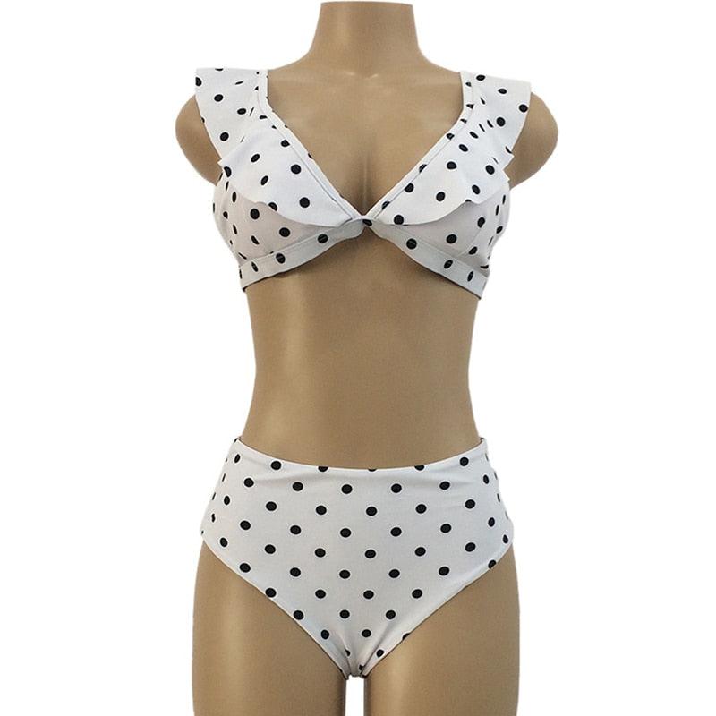 Polka Dot Ruffle Shoulder High Waist Bikini