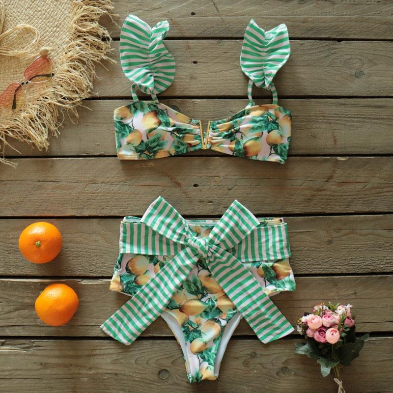 Ruffle Shoulder Floral High Waist Bikini