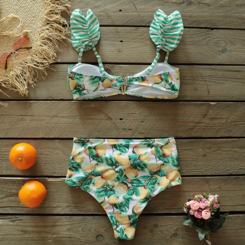 Ruffle Shoulder Floral High Waist Bikini