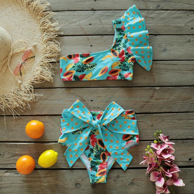 Ruffle Shoulder Floral High Waist Bikini