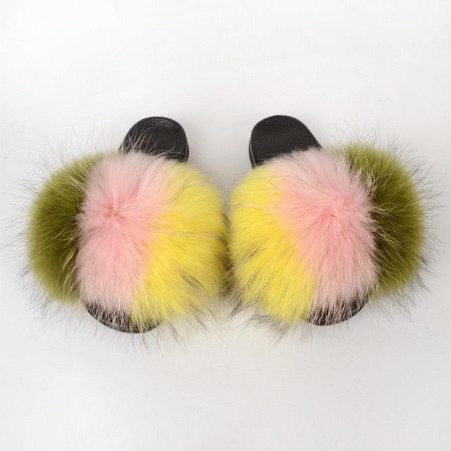 Multicolor Faux Fur Band Slides