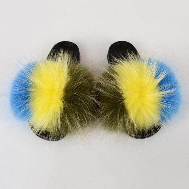 Multicolor Faux Fur Band Slides
