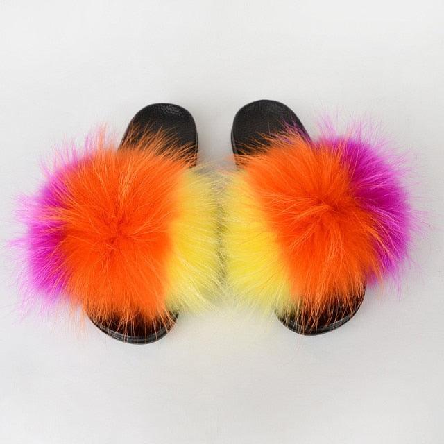 Multicolor Faux Fur Band Slides
