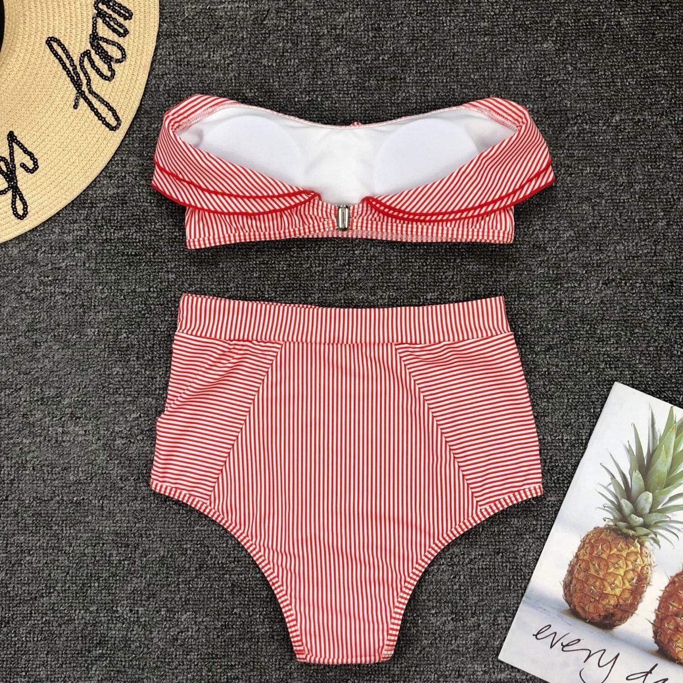 Seersucker Ruffle Bandeau High Waist Bikini