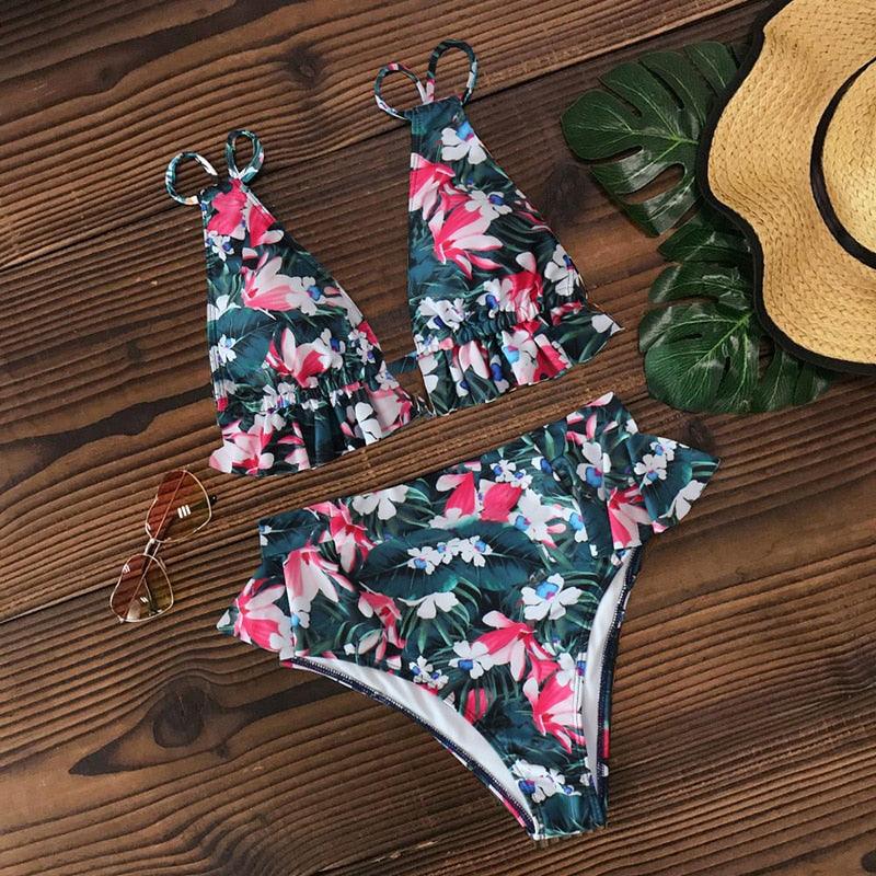 Ruffled Bra High Waist Bikini Set