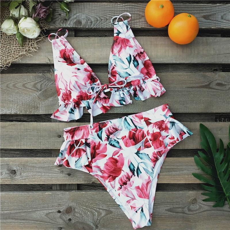 Ruffled Bra High Waist Bikini Set