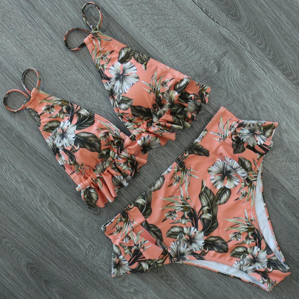 Ruffled Bra High Waist Bikini Set