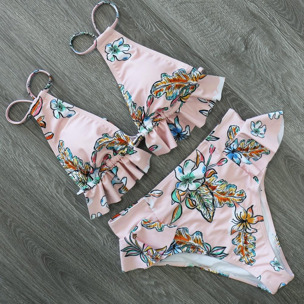 Ruffled Bra High Waist Bikini Set