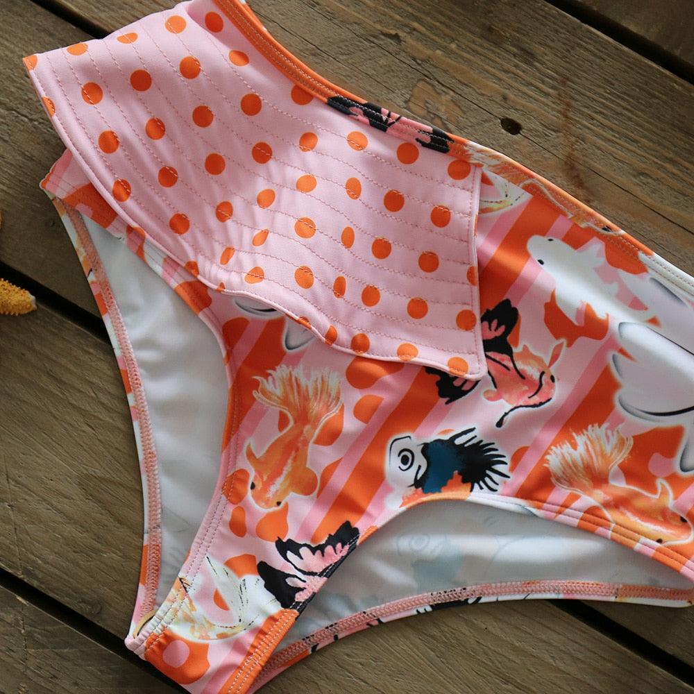 Ruffle Shoulder Floral High Waist Bikini