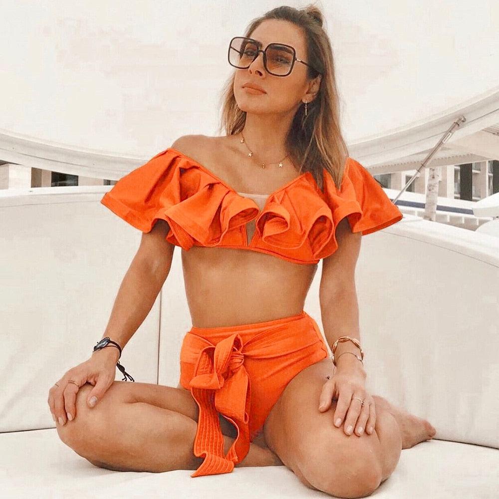 Ruffle Shoulder Floral High Waist Bikini