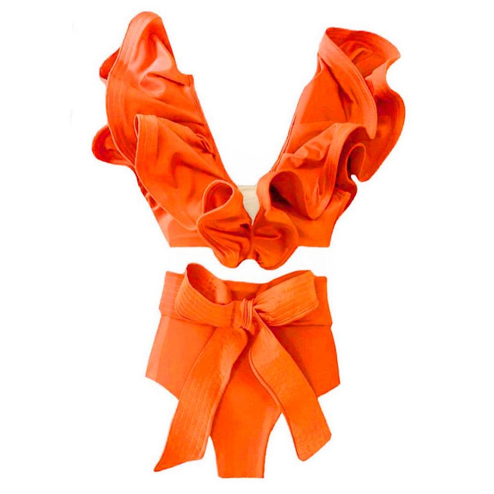 Ruffle Shoulder Floral High Waist Bikini