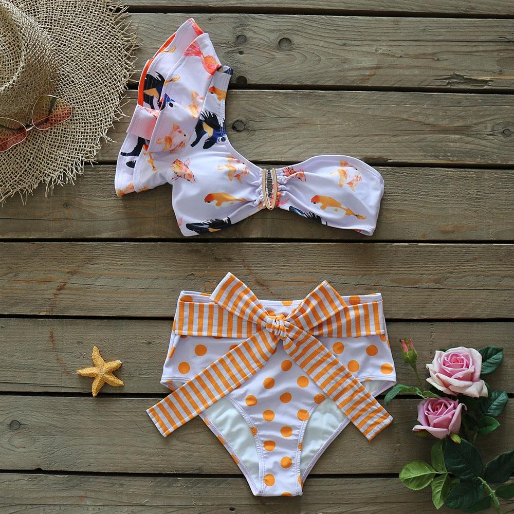 Ruffle Shoulder Floral High Waist Bikini