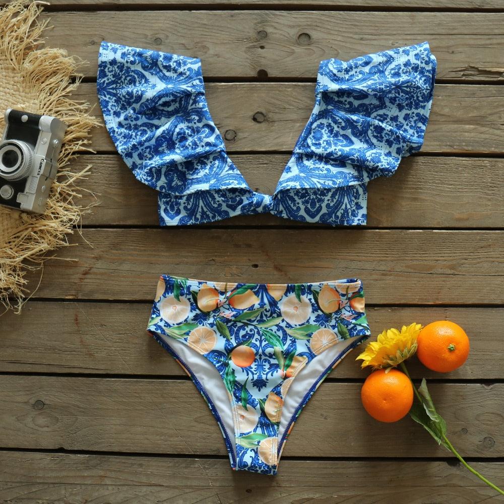 Ruffle Shoulder Floral High Waist Bikini