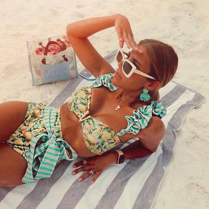 Ruffle Shoulder Floral High Waist Bikini
