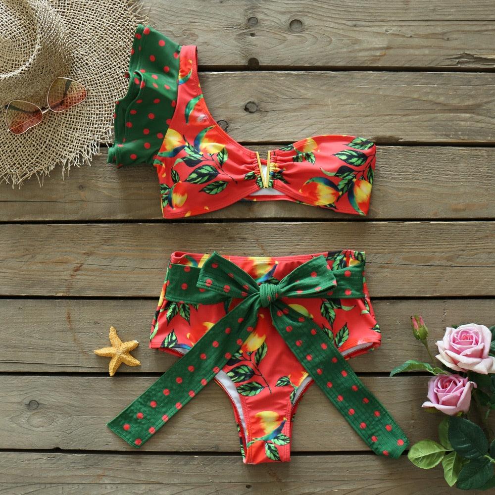 Ruffle Shoulder Floral High Waist Bikini