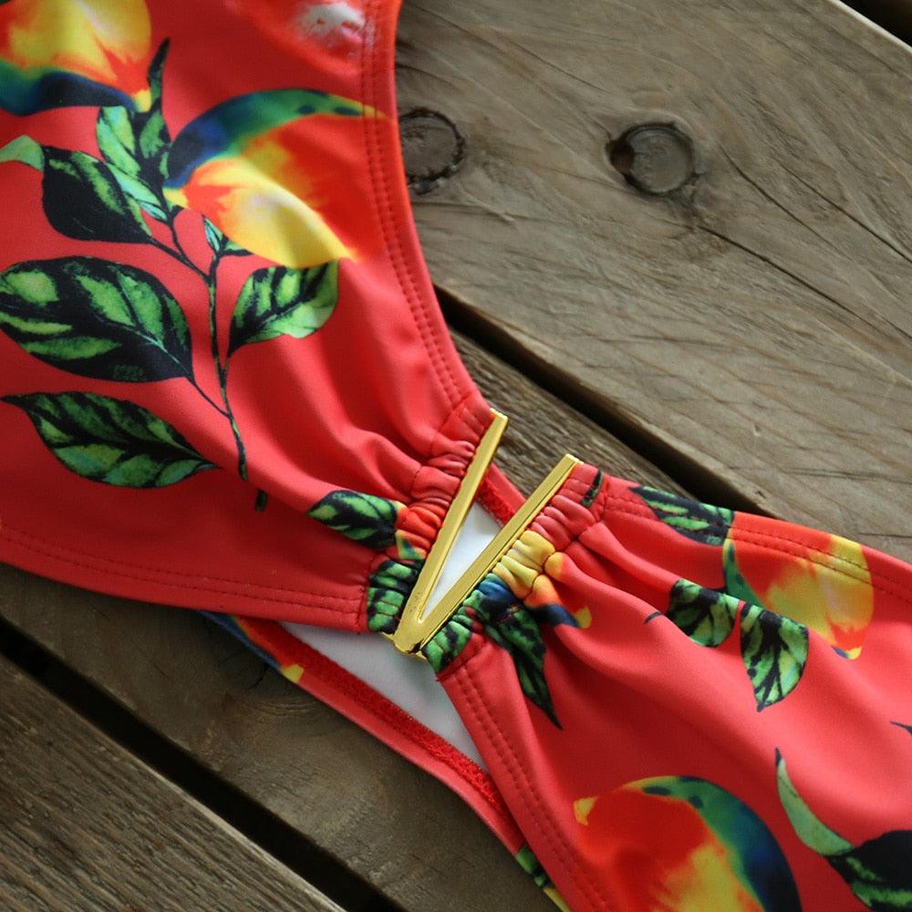 Ruffle Shoulder Floral High Waist Bikini