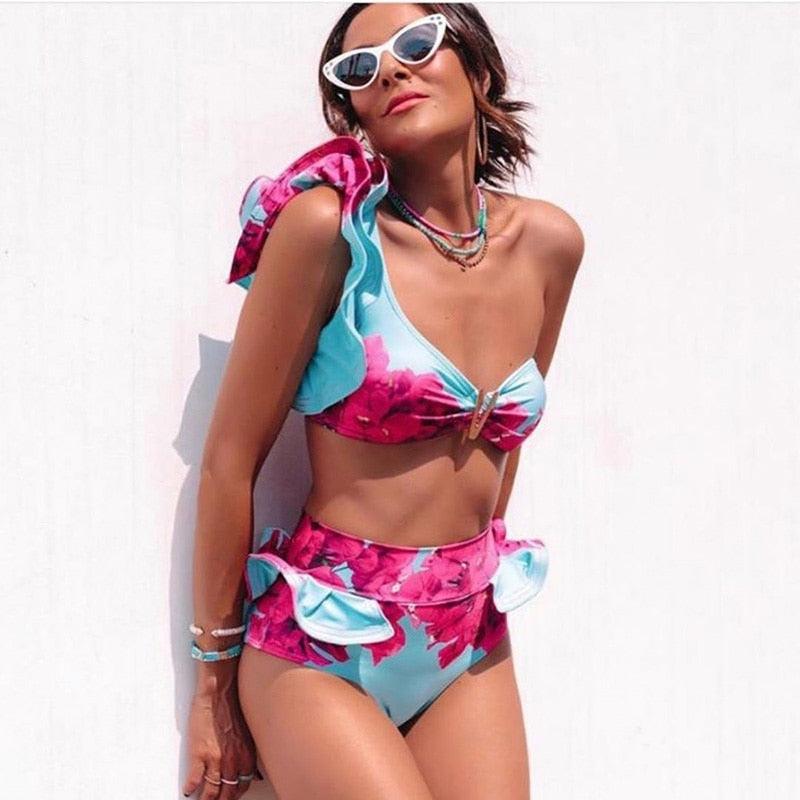 Ruffle Shoulder Floral High Waist Bikini
