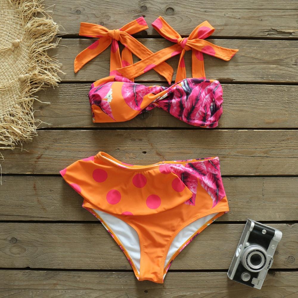 Ruffle Shoulder Floral High Waist Bikini