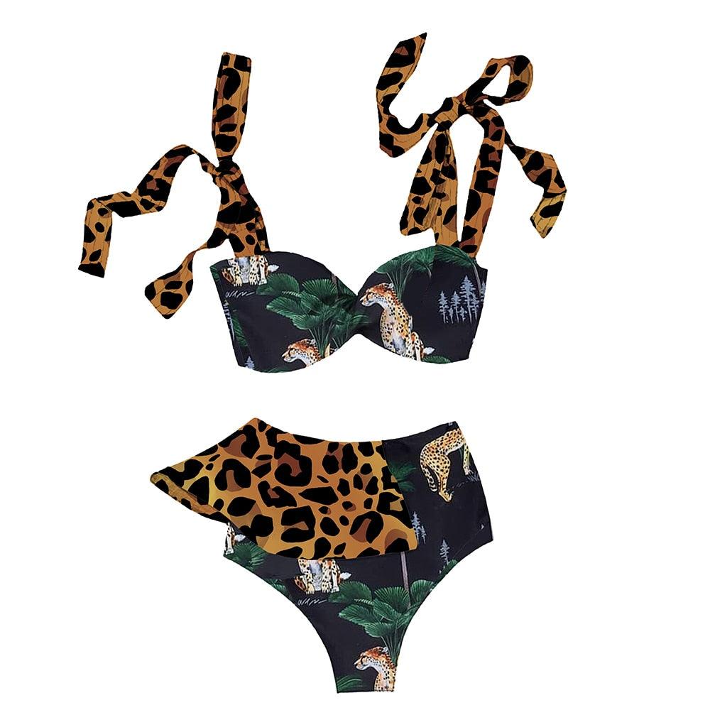 Ruffle Shoulder Floral High Waist Bikini