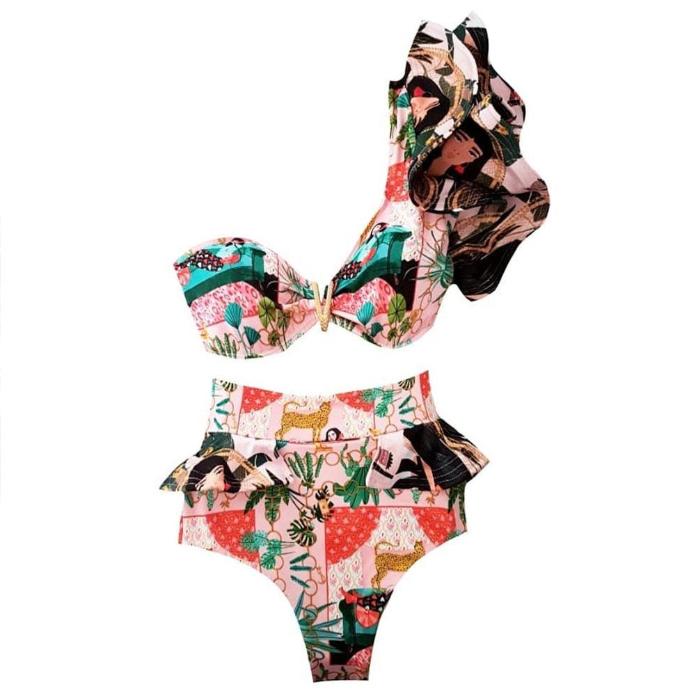 Ruffle Shoulder Floral High Waist Bikini