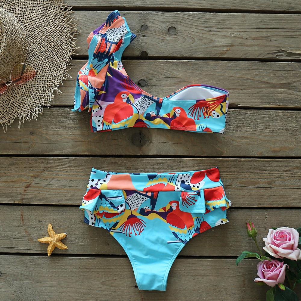 Ruffle Shoulder Floral High Waist Bikini