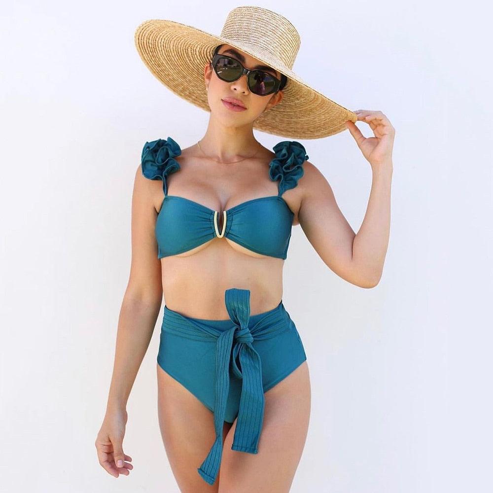 Ruffle Shoulder Floral High Waist Bikini