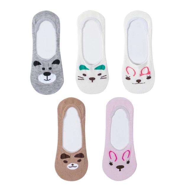 Kawaii Heart & Cat 5-Pair No-Show Sock Set
