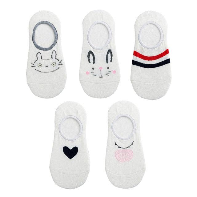Kawaii Heart & Cat 5-Pair No-Show Sock Set
