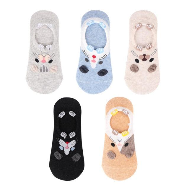 Kawaii Heart & Cat 5-Pair No-Show Sock Set