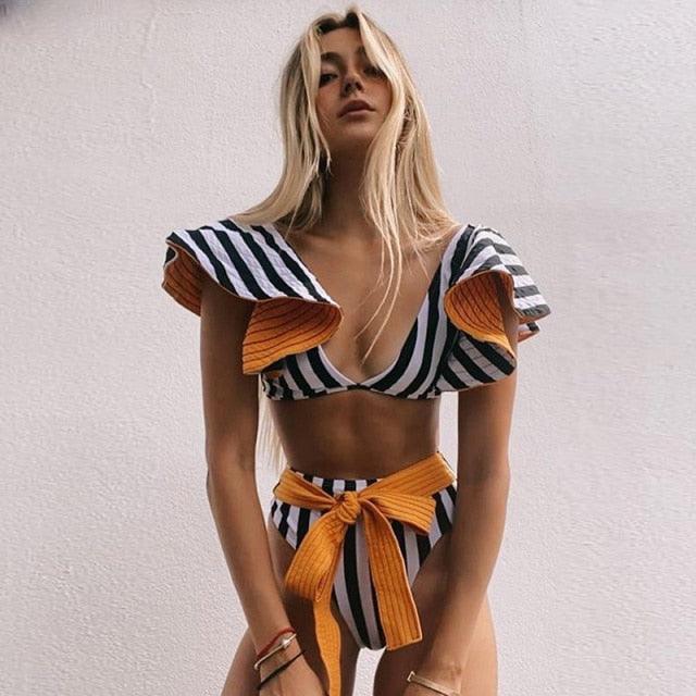 Ruffle Shoulder Floral High Waist Bikini