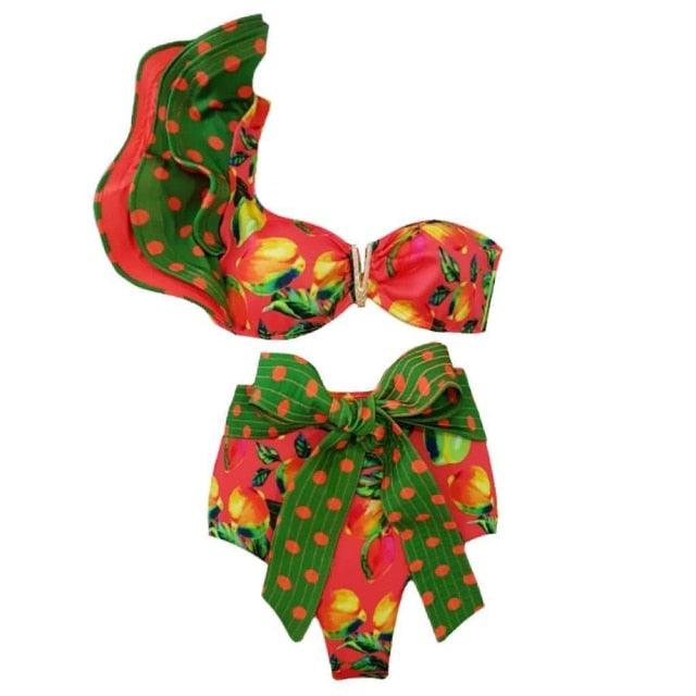 Ruffle Shoulder Floral High Waist Bikini
