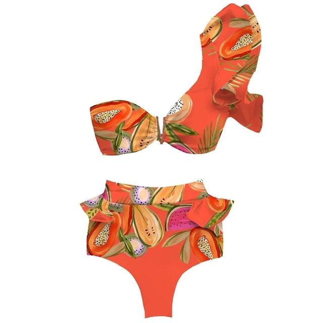 Ruffle Shoulder Floral High Waist Bikini