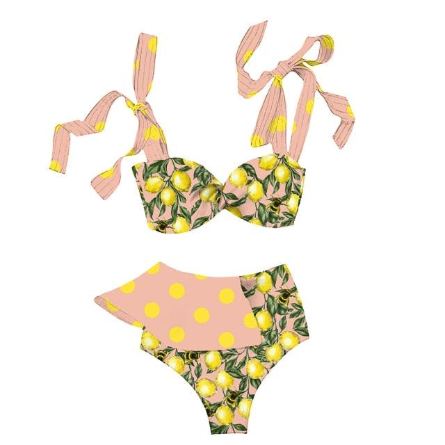 Ruffle Shoulder Floral High Waist Bikini