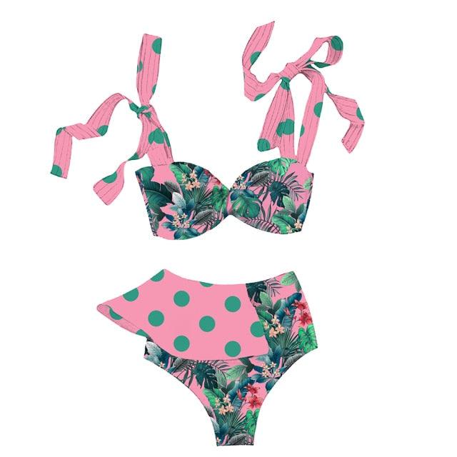 Ruffle Shoulder Floral High Waist Bikini