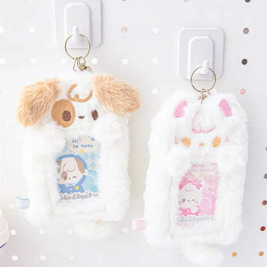 Porta tarjetas con foto de peluche de cachorro y gatito