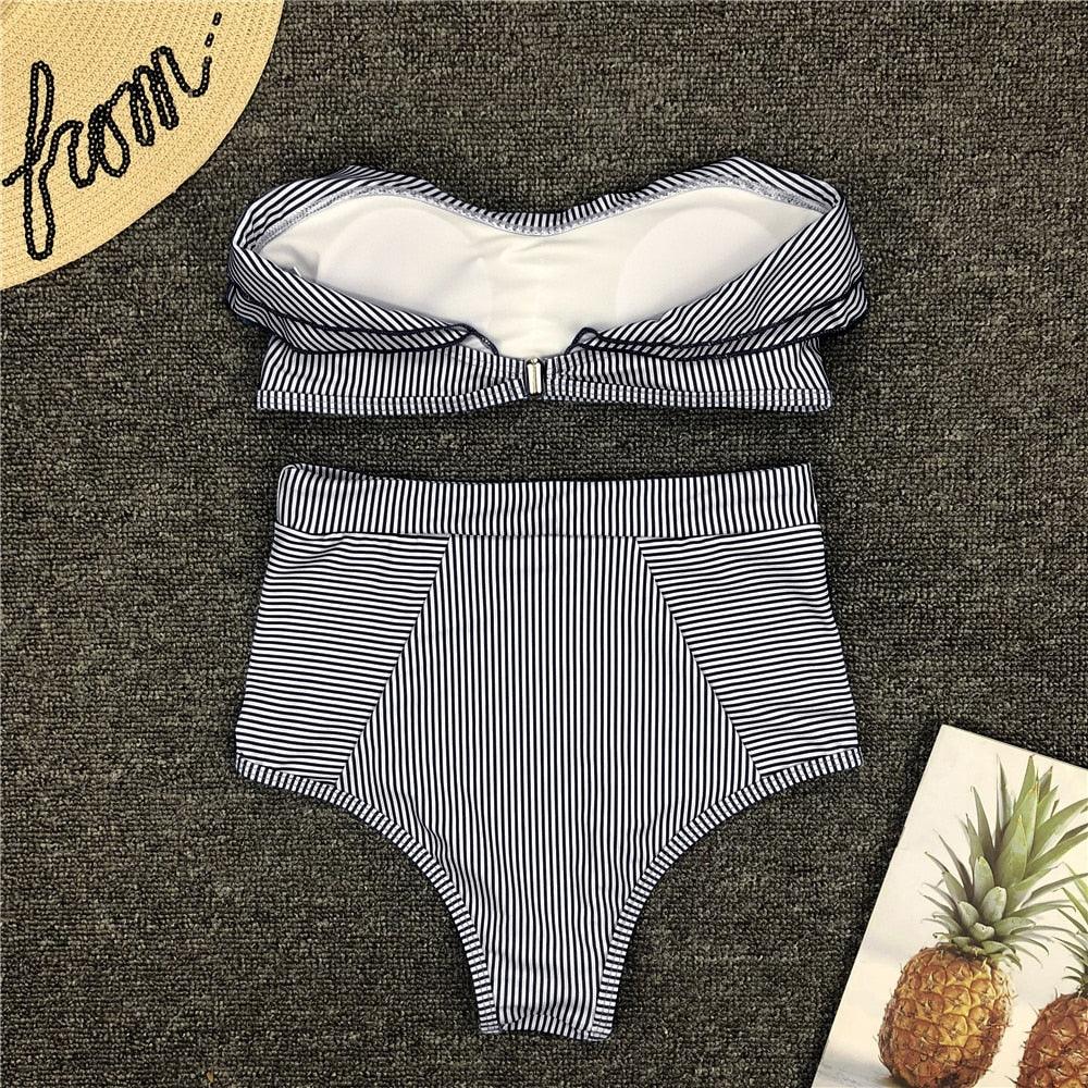 Seersucker Ruffle Bandeau High Waist Bikini