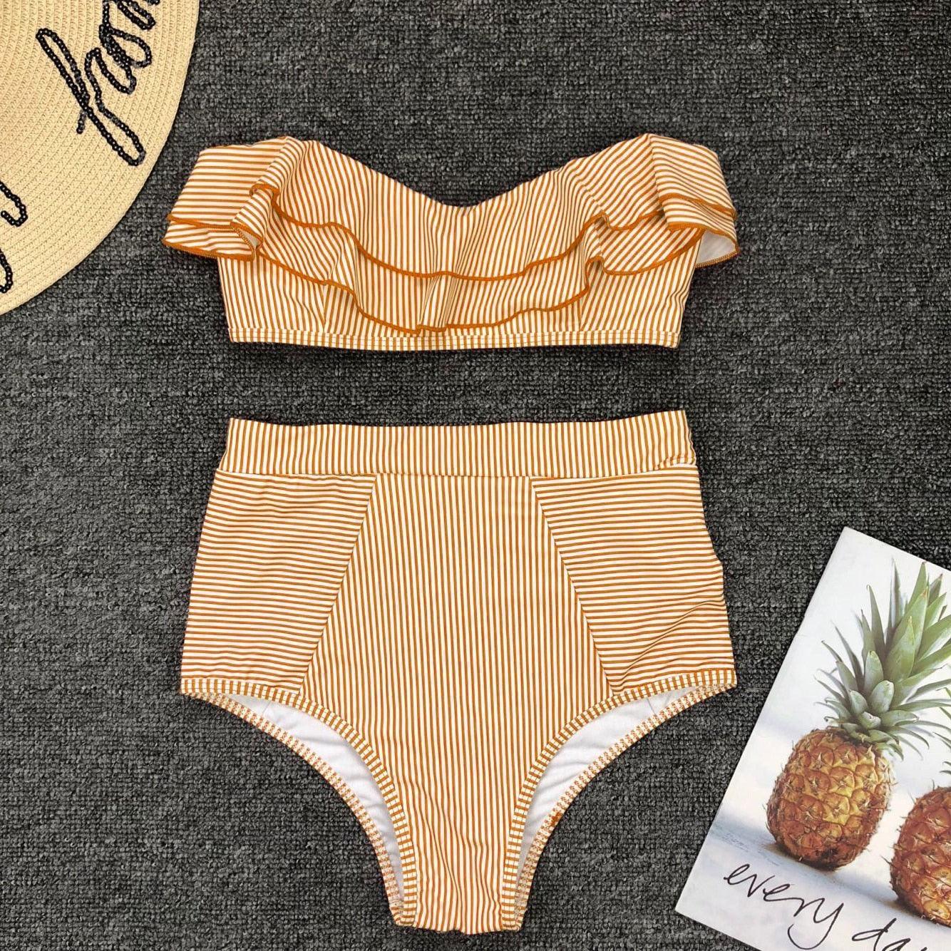 Seersucker Ruffle Bandeau High Waist Bikini