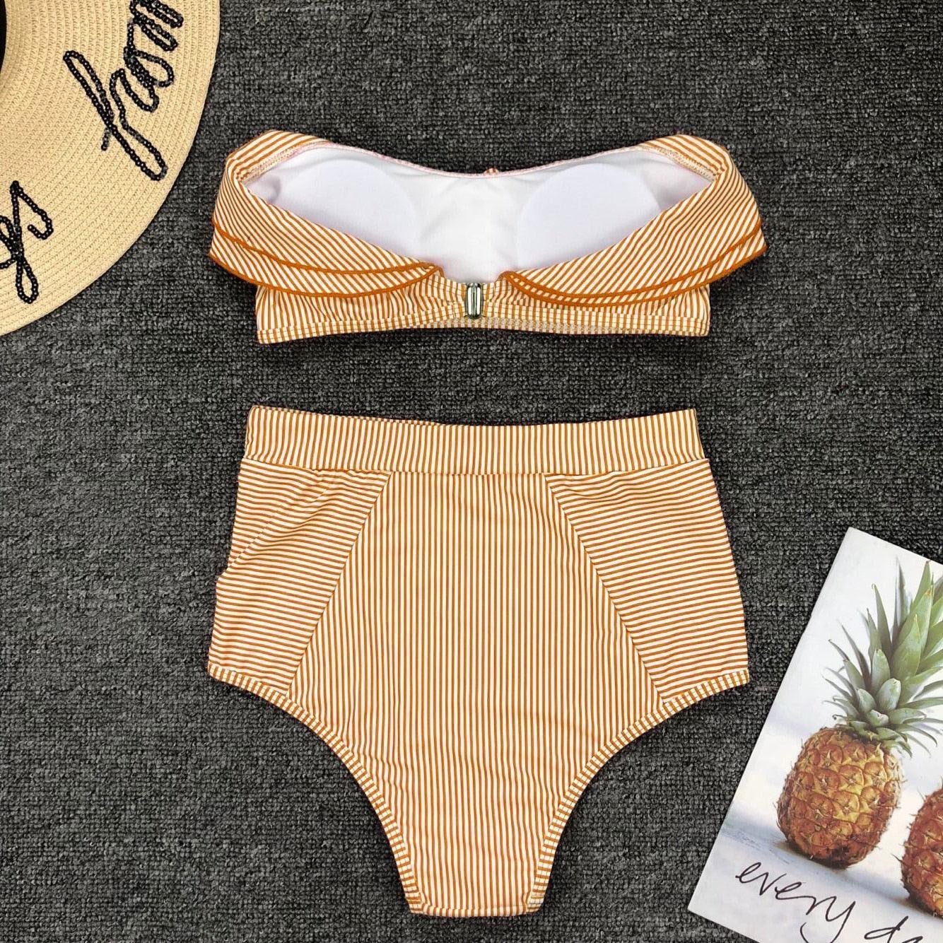 Seersucker Ruffle Bandeau High Waist Bikini