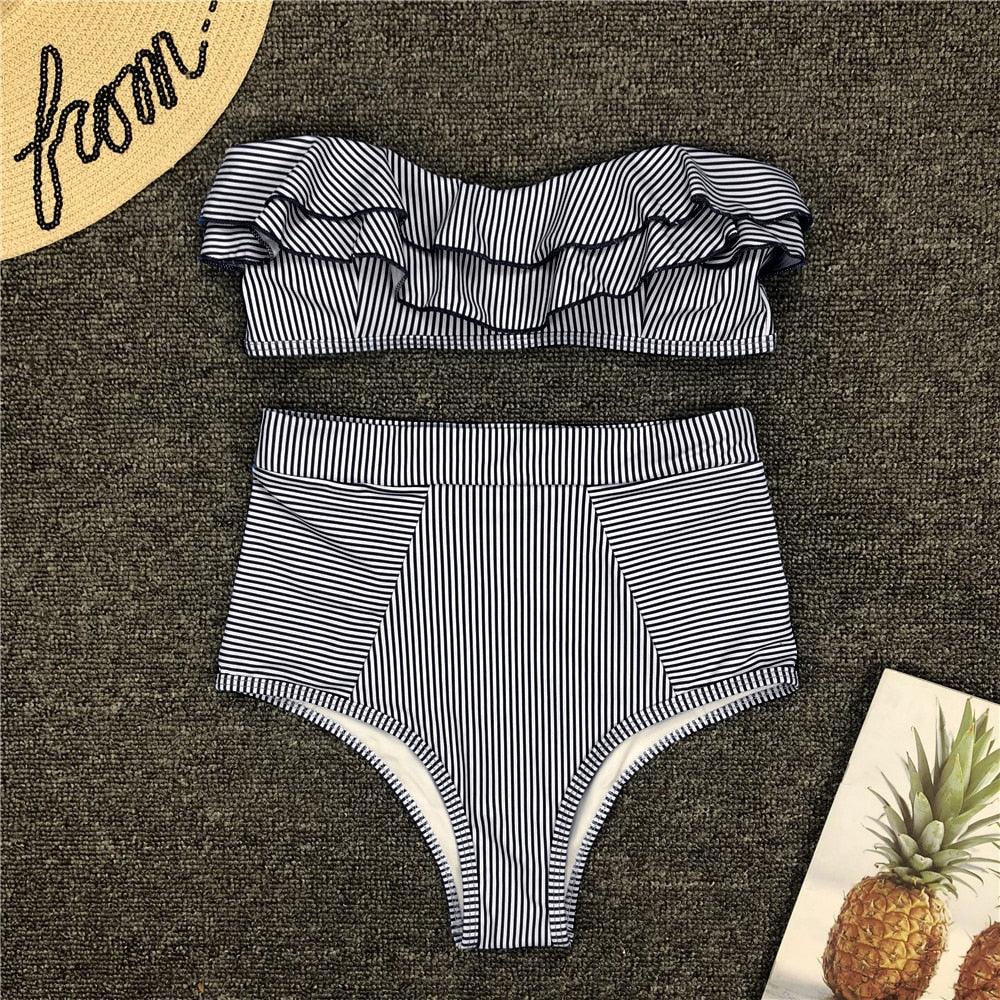 Seersucker Ruffle Bandeau High Waist Bikini