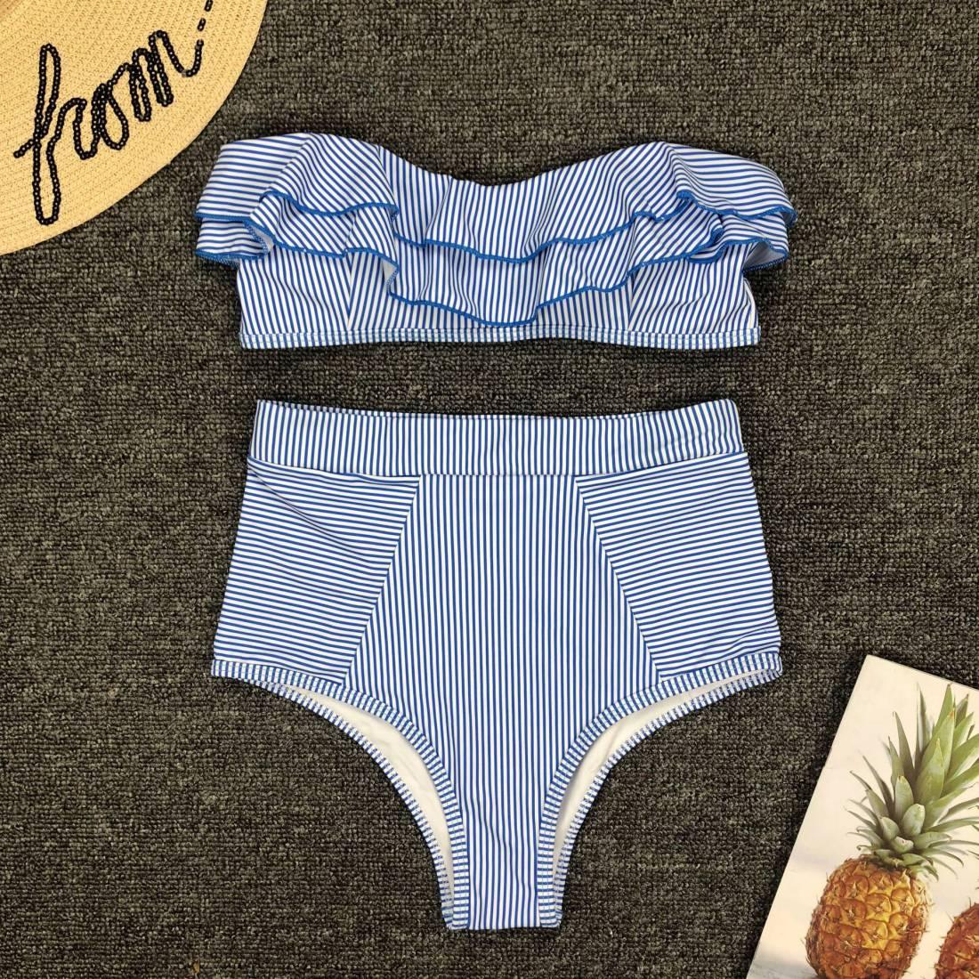 Seersucker Ruffle Bandeau High Waist Bikini